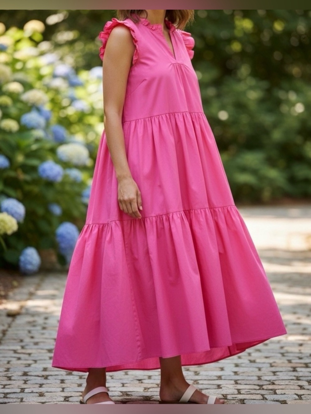 CHEPE - Made in Italy - Hot Pink Ruffle cap Sleeve Tiered Maxi Dress.
